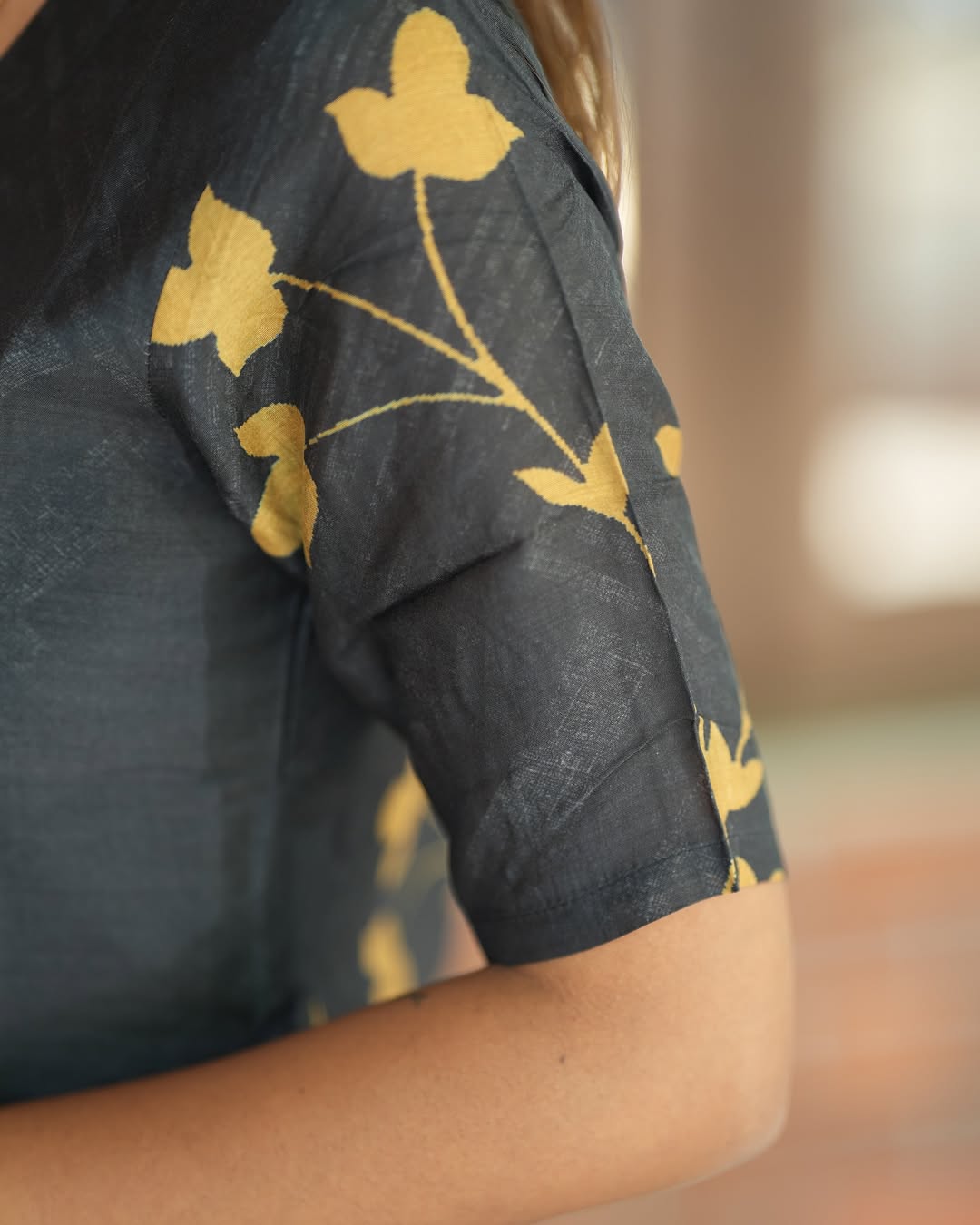 Golden Blossom Black Cotton Kurti