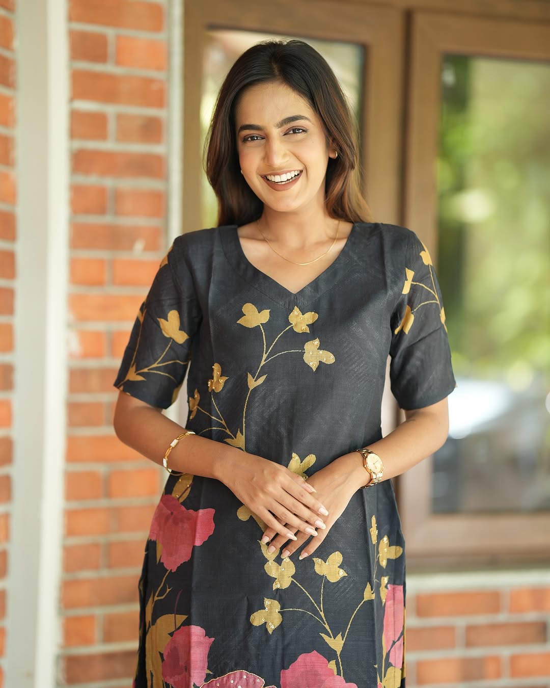 Golden Blossom Black Cotton Kurti