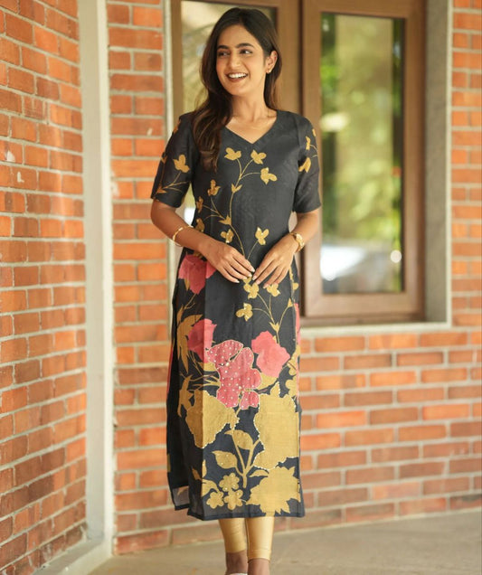 Golden Blossom Black Cotton Kurti